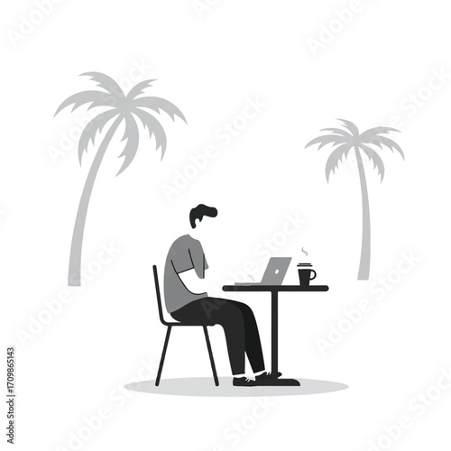 A person works productively on a laptop at an outdoor cafe table, enjoying coffee with tropical palm trees in the background, rendered as a clean 2D flat vector illustration.
