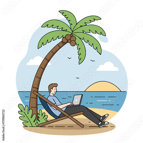 Flat 2D vector illustration showing a digital nomad working remotely on a laptop, comfortably seated on a beach chair under a palm tree, overlooking the serene ocean and a distant small island.