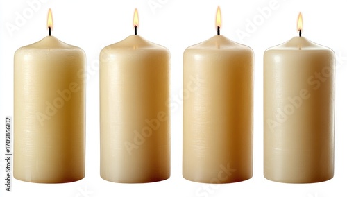 Four pillar candles in cream/beige color, lit, isolated on white