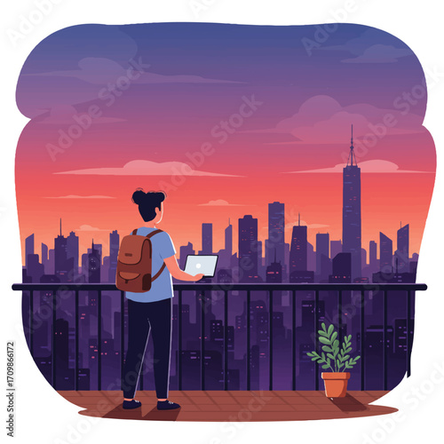 A striking flat 2D vector illustration shows a digital nomad on a balcony, overlooking a vibrant city skyline at sunset, holding a laptop and small backpack, symbolizing remote work freedom.