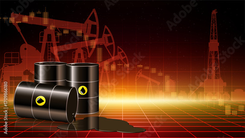Oil barrels on abstract industrial red background. Crude oil production and refining industry. Pumpjack. Drilling rig, derrick in dark abstract desert background. Copy paste, place for text. Vector