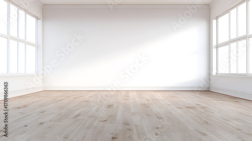 Minimalist living room featuring white walls and wooden floors, bathed in natural ambient light for a clean aesthetic.