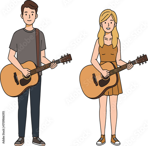 Musical duo with acoustic guitars, performance pose, relaxed character scene, music collaboration illustration, lifestyle entertainment concept, vector art