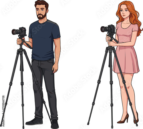 Photographers, camera, tripod, fashion shoot, studio, filming, media, content creation, teamwork, professionals, DSLR, lens, lighting, portrait, collaboration, equipment, photography, hobbyist, 