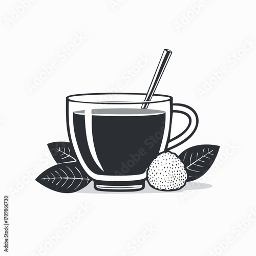 Stylized illustration of a glass teacup filled with dark liquid, a straw, and leaves.