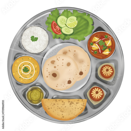 Traditional Indian Thali Meal on a Metal Plate Vector