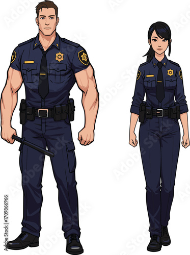 Police illustration, cartoon officers, law enforcement characters, dark blue uniform, baton, utility belt, badge, professional pose, security team, authority figure