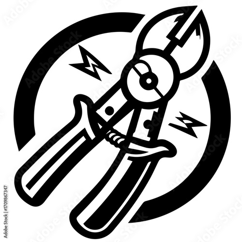 Illustration of bolt cutters with lightning bolts inside a black circle on a white background