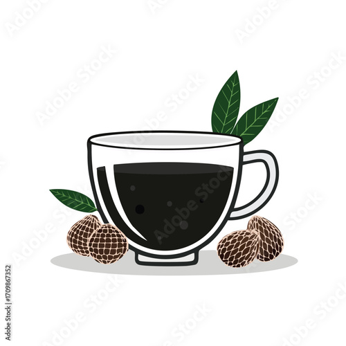 Illustration of a transparent coffee cup filled with dark beverage, accompanied by leaves and truffles.