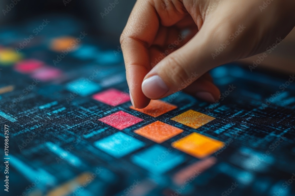 Fototapeta premium Hand of entrepreneur selecting correct project milestone checkbox on mobile interface symbolizing goal achievement and business success roadmap