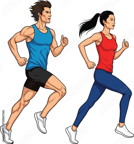 Running illustration, cartoon athletes, fitness activity, athletic wear, motion pose, exercise scene, character design, active lifestyle, sports outfit, workout moment
