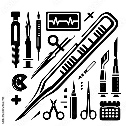 A collection of medical instruments and tools arranged in a graphic black and white composition design