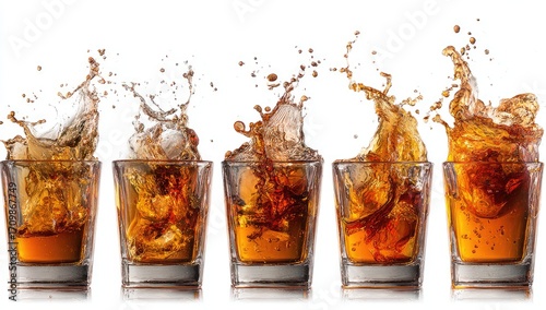 A series of short glasses of amber liquor, each with ice cubes, showing splashes and sprays of liquid