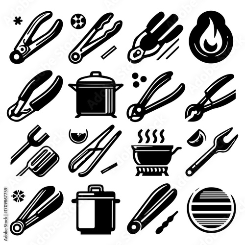 Collection of cooking utensils including tongs pots and pans with various kitchen instruments shown