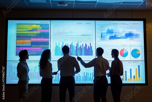 Business team collaborating on touchscreen to review and approve quarterly report with performance charts and financial analytics
