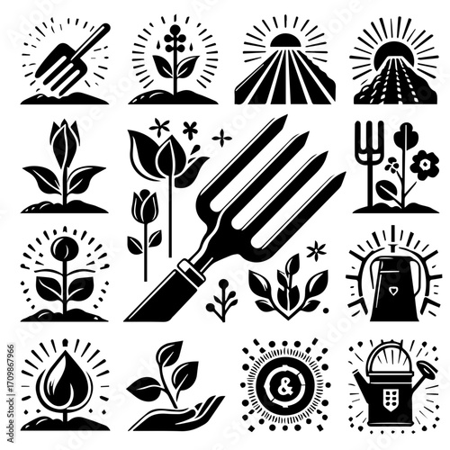 Collection of black and white gardening icons featuring plants tools and agricultural landscape elements