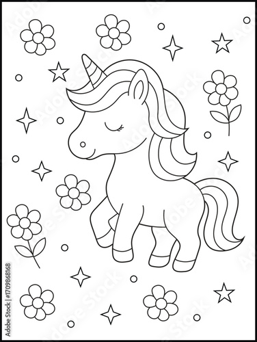  Adorable Fantasy Unicorn with Flowers and Stars Coloring Page for Kids. Easy coloring for young children.
