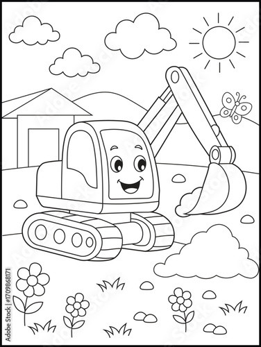 Cute Excavator Coloring Page for Children. Cartoon Construction Vehicle with Scoop and Flowers for Kids and Adults.