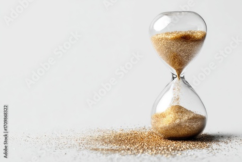 Golden hourglass, time passing, granular sand