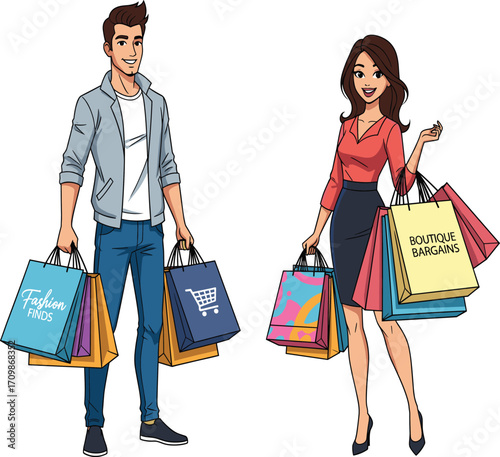 Shopping bags, fashion lovers, retail therapy, boutique style, consumer behavior, stylish couple, cartoon illustration, vector people, trendy outfit, shopping scene, urban fashion, casual wear, high 