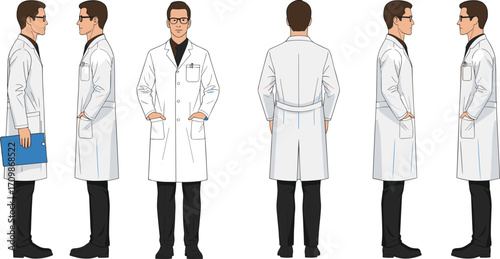 Male Doctor Character in White Lab Coat with Multiple Poses – Medical Professional Vector for Healthcare, Education, and Animation Projects