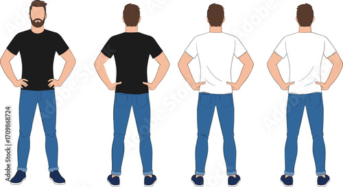 Male T-Shirt Mockup Set Showing Front and Back Views in Black and White – Editable Vector for Apparel and Fashion Design