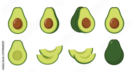 Collection of fresh avocados in various slices and a whole fruit