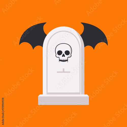 Flat vector illustration of a Halloween tombstone with an engraved skull and black bat wings on a vibrant orange background