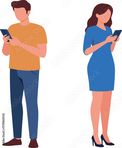 Smartphone usage illustration, cartoon characters, mobile interaction, casual outfit, digital lifestyle, screen focus, everyday tech, character design, connectivity, modern habits