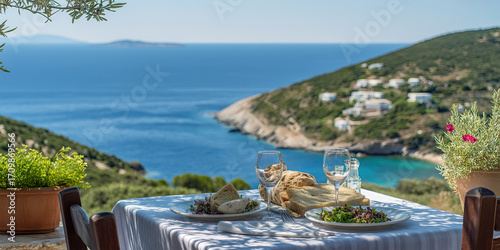 Fototapeta Naklejka Na Ścianę i Meble -  Elegant outdoor dining setup overlooks pristine blue Mediterranean coastline with hillside homes.