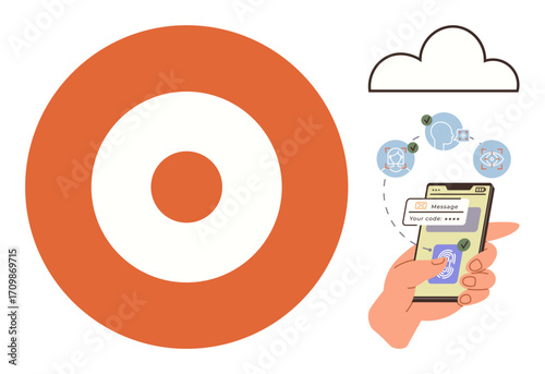 Hand holding smartphone displaying a secure code. Includes cloud icon and data integration graphics. Ideal for cybersecurity, authentication, technology, privacy, data protection, mobile access
