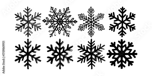Set of eight black snowflake shapes in hand-drawn graphic style on white background, depicting winter, holiday, seasonal, and festive themes