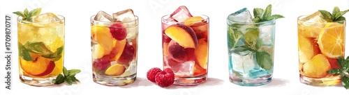 Four colorful fruit-infused drinks in tall glasses, garnished with fresh mint and ice