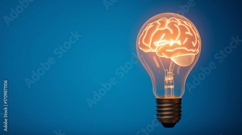 Glass glowing lightbulb with human brain as idea concept on blue background