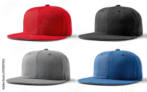 Four baseball caps in different colors, isolated on white background.  Flat lay, studio shot.  Visually appealing, showcasing various hues