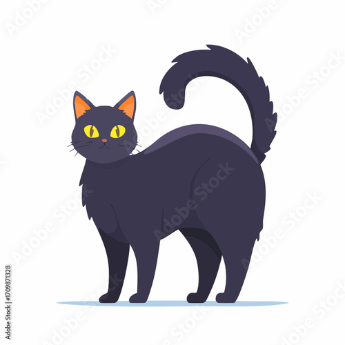 Cartoon Black Cat with Yellow Eyes and Curly Tail on White Background