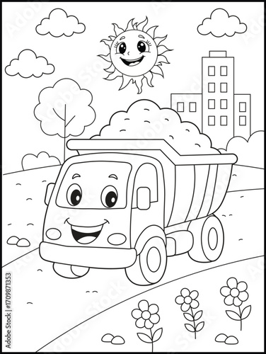 Dump Truck Coloring Page for Kids. Happy Cartoon Construction Vehicle with Load. Printable Line art for children