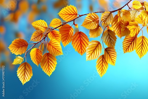 Vibrant autumn leaves in shades of gold and orange hanging from a branch against a soft blue background, capturing the essence of the fall season and nature's beauty