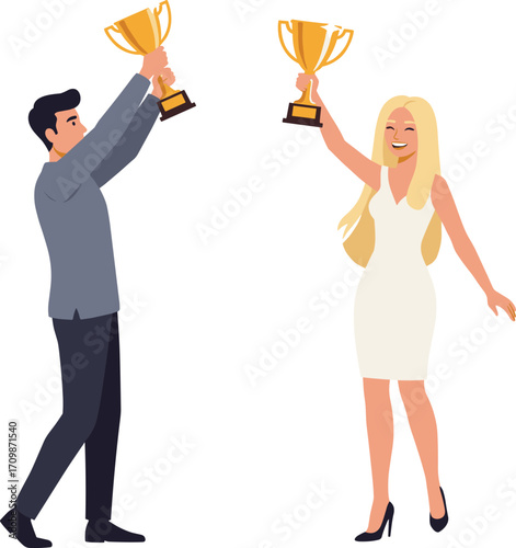 Victory illustration, cartoon characters, trophy celebration, success moment, formal attire, achievement theme, award recognition, character design, joyful pose, winner scene