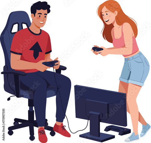 Video game illustration, cartoon characters, multiplayer setup, controller play, gaming console, casual outfit, character design, entertainment vibe, teamwork, screen focus