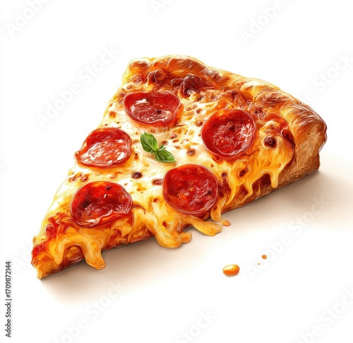Close-up of a delicious pizza slice.  Melted cheese, pepperoni, and a basil leaf adorn the savory slice