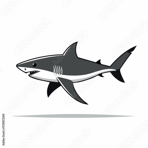 A stylized illustration of a shark, depicted in a side profile, with sharp teeth and fins.