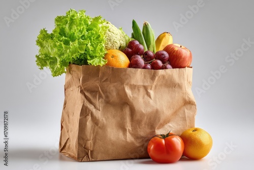 Brown paper bag filled with assorted fresh fruits and vegetables.  Fresh produce in a grocery sack on a plain background.  Colorful bounty of healthy food