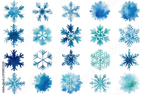 Set of 16 stylized snowflakes,  watercolour-like, shades of blue