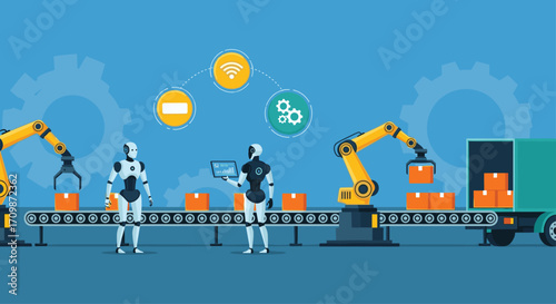 Robots and ai revolutionizing manufacturing industry with futuristic automation technology concepts