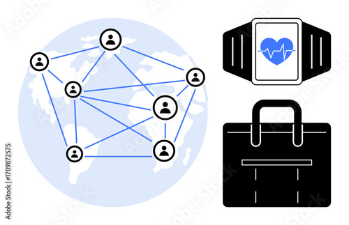 Networked users on a world map, smartwatch with heart monitor, and briefcase. Ideal for technology, connectivity, global business, telemedicine, healthcare productivity and innovation. Simple flat