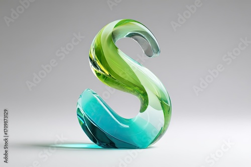 3D rendered letter S, vibrant teal and lime green translucent glass effect