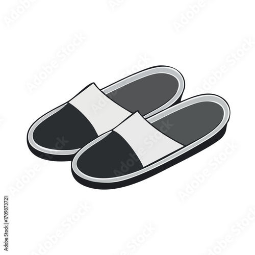 Simple illustration of a pair of black and white slippers.