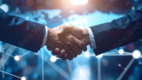 Successful Business Partnership: Handshake and Global Network Connection