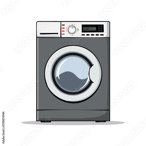 A front-facing illustration of a modern gray washing machine with a closed door and control panel.